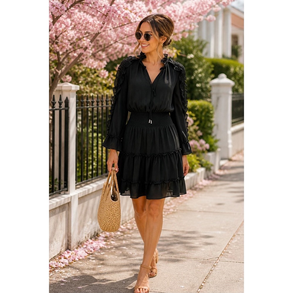New Chico's Black Ruffle Dress Size 6 Boho Tiered Knee Length NWT